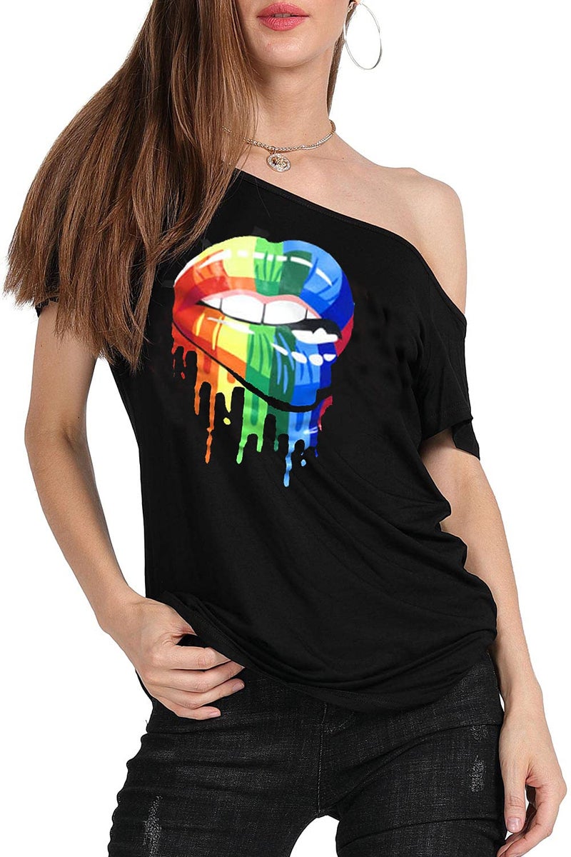 MAGICMK Womenâ€™s Short Lips Print Causal Off The Shoulder Plus Size T-Shirt Tops (Black+XXMOUTH, S) - Image 3